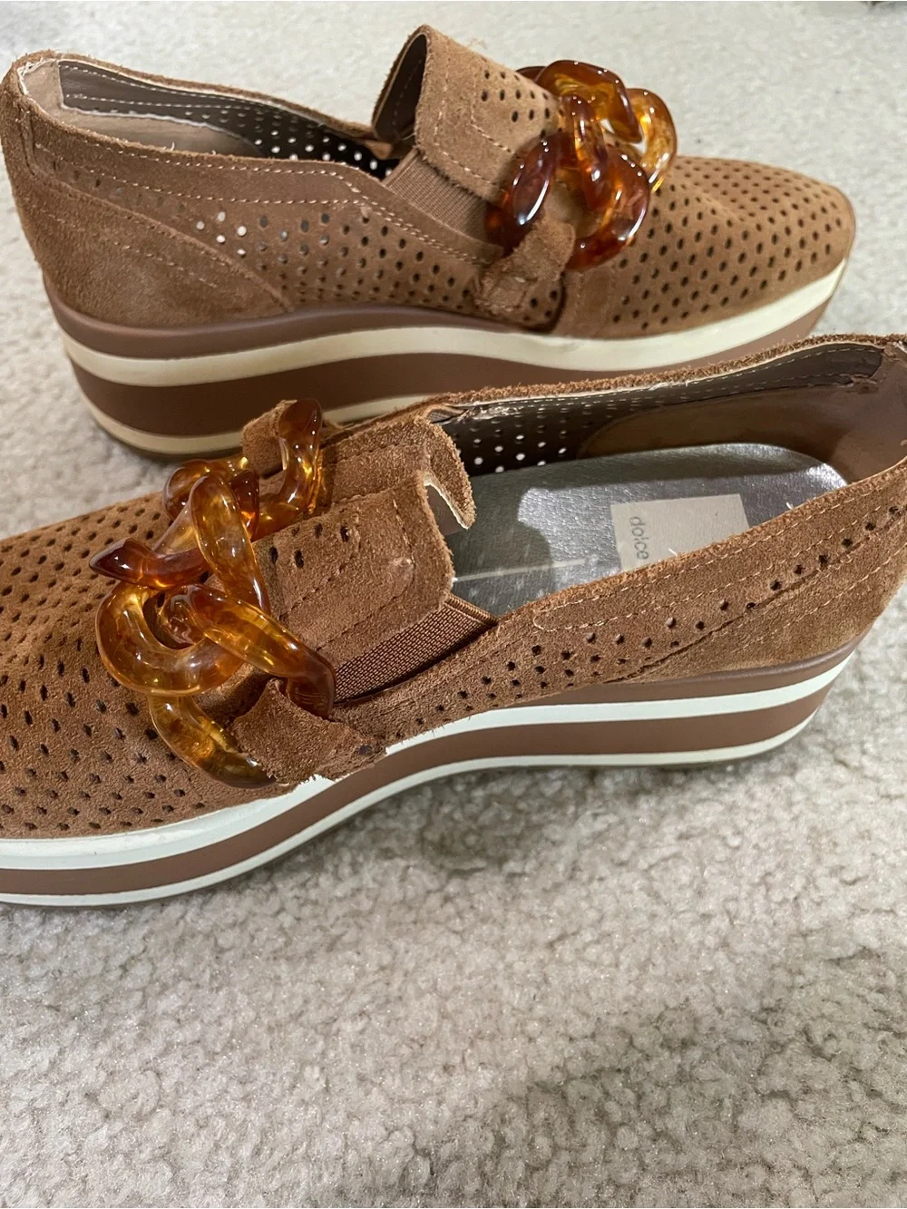 Dolce Vita Tan Suede Platform Slip-On Loafers with Amber Chain